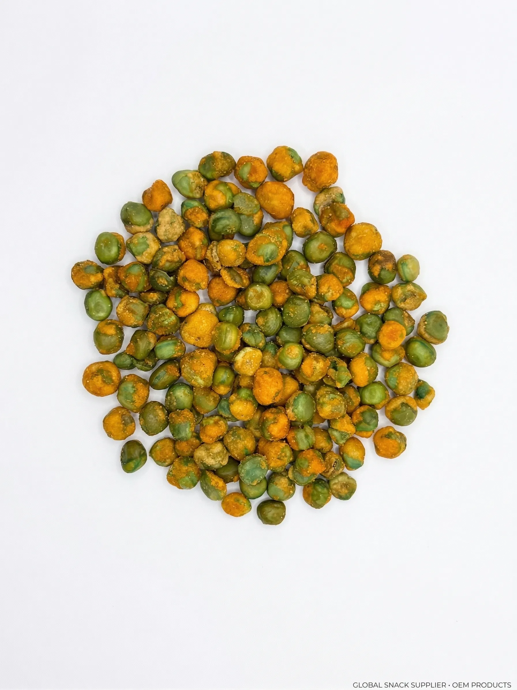Hot chili coated green peas by BB Snacks — vivid orange chili coating, bold spicy flavor in bulk packaging